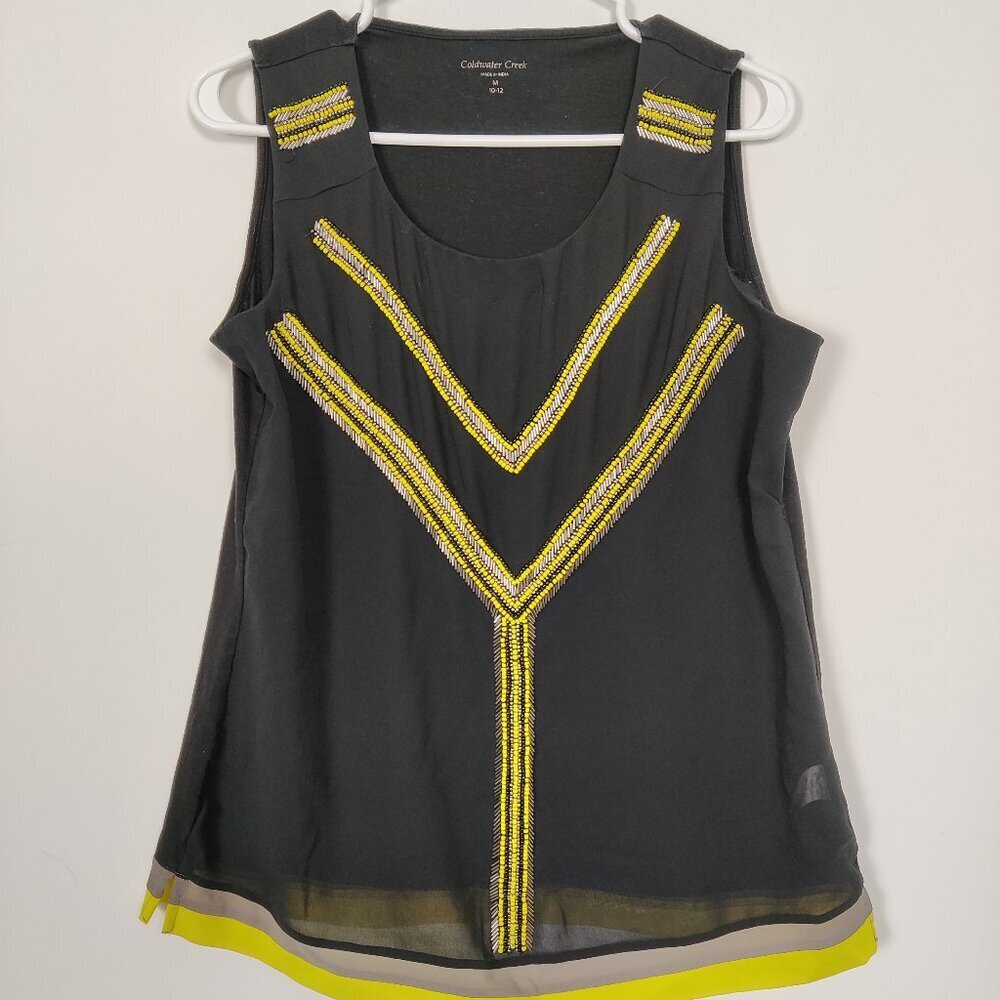 Coldwater Creek Women's Blouse Size M Black Yellow Embellished Sheer Front Goth